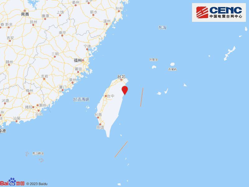 台湾花莲县海域(北纬24.23度，东经121.93度)发生4.5级地震，震源深度23千米